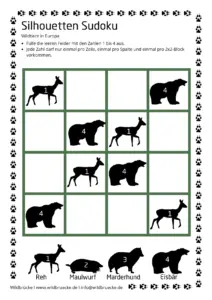 Arbeitsblatt Silhouetten Sudoku - Wildtiere in Europa