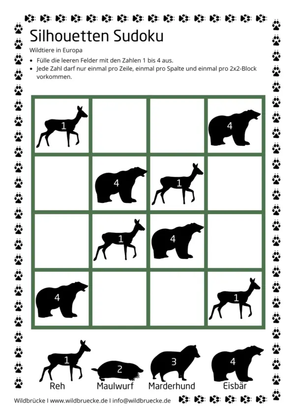 Arbeitsblatt Silhouetten Sudoku - Wildtiere in Europa